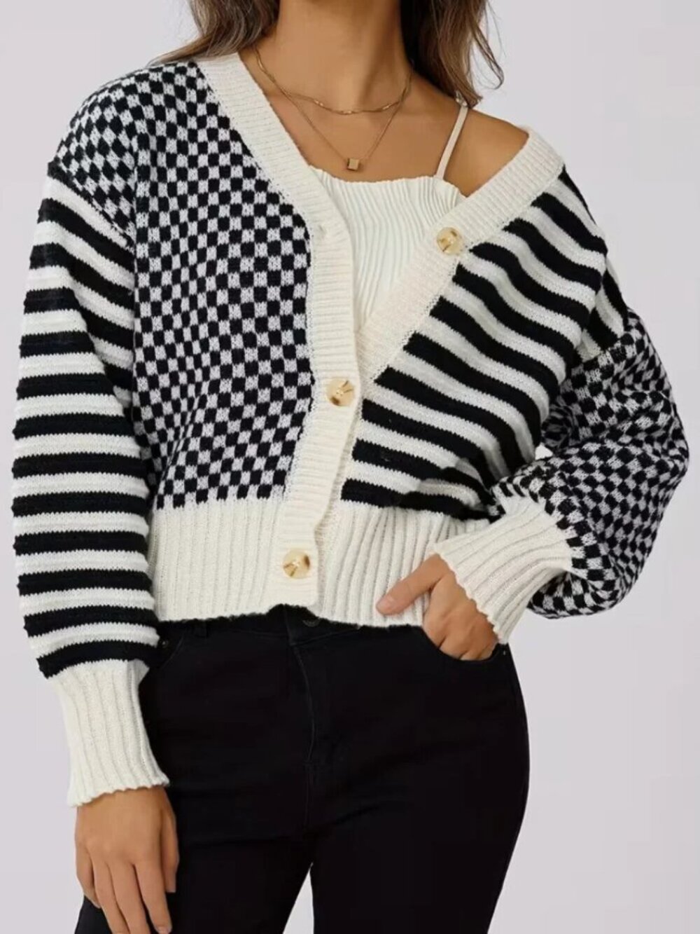 Checkered Striped Black & White V-Neck Cardigan - Picture 2 of 5
